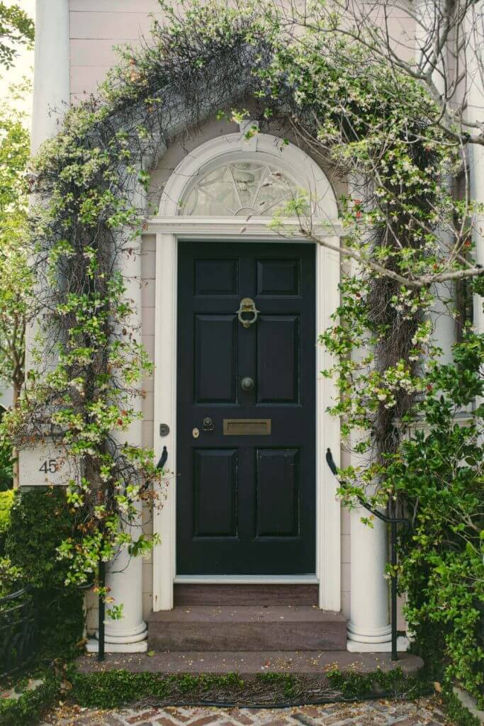 Черна входна врата със зеленина