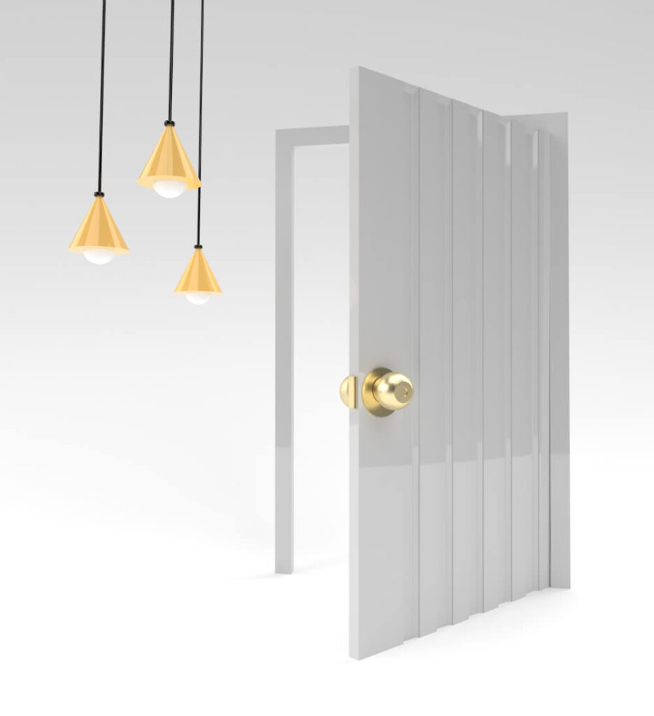 Бяла отворена интериорна врата с висящи лампи
